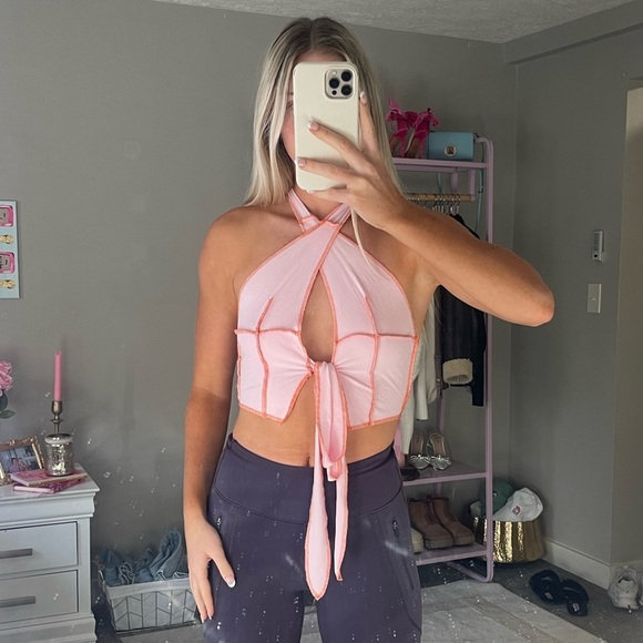 SHEIN Pink and Orange Stitch Halter Tank Top Tie Front - Picture 10 of 10